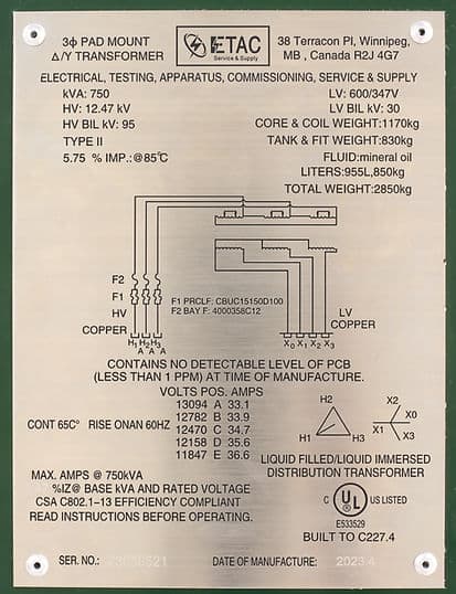 ETAC Three- Phase Pad Mounted Transformer nameplate