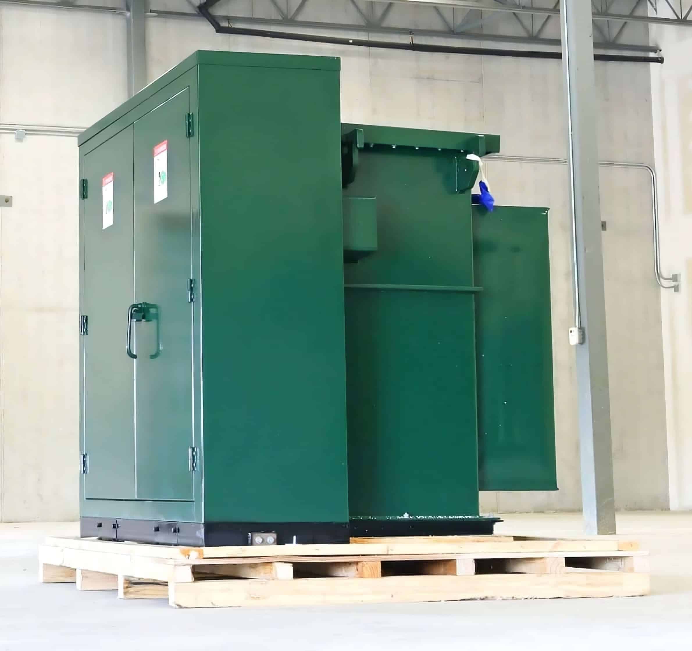Green Three-Phase Padmount Transformer 750 kVA installed inside ETAC warehouse